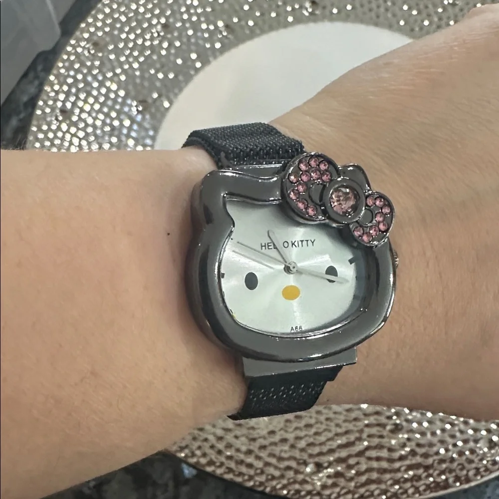 Cute Cat Face Watch Rhinestone Bow Magnetic Mesh Band